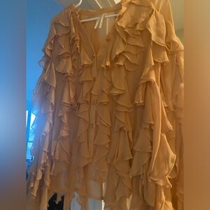 By Anthropologie sheer ruffle button down blouse. Peach. Medium.